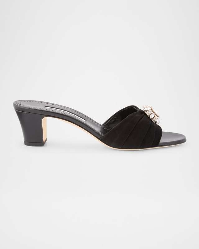 Ruched Suede Crystal Slide Sandals